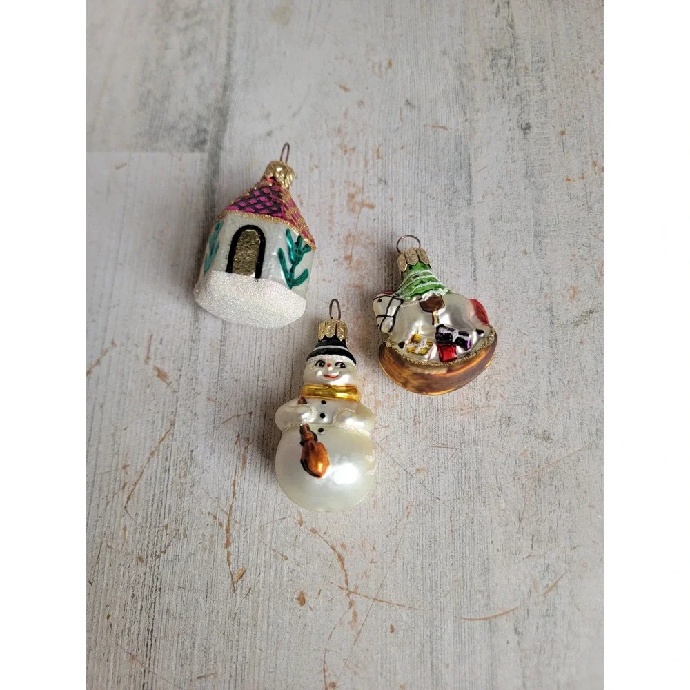 Vintage mini glass rocking horse Snowman village house glass ornament xmas